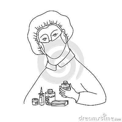 A female nurse in a mask with a bottle of medicine in her hand. Cartoon Illustration