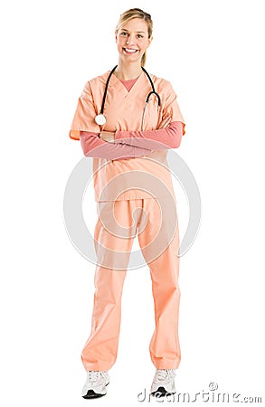 Female Nurse With Stethoscope Standing Arms Crossed Stock Photo