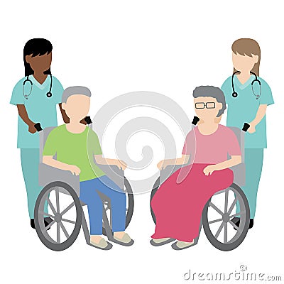 Female nurse with wheelchair patient Vector Illustration