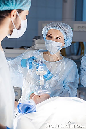 Pre oxygenation for general anesthesia. Surgery equipment Stock Photo