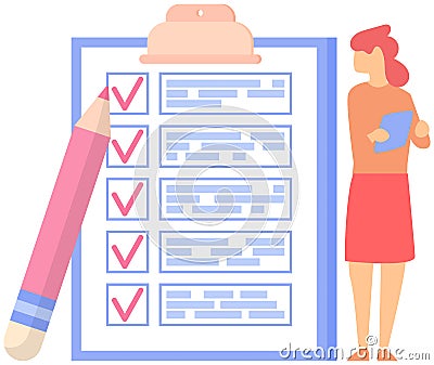 Female office worker check checklist mark completion of tasks and plans. Girl with pen and clipboard Vector Illustration