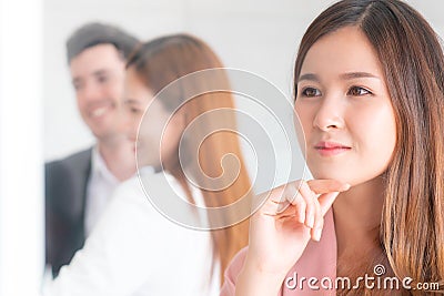 Female office worker dreaming thinking about her marry weddin Stock Photo