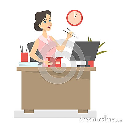 Female office worker eating lunch at work Vector Illustration