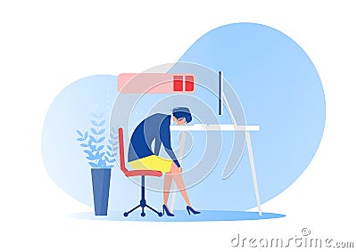 Female office worker sleeping at the table with low battery. syndrome mental health problems hard work concept vector Vector Illustration