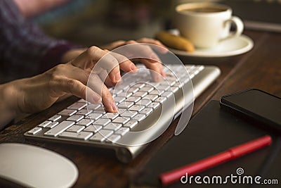 Female office worker typing on the computer keyboard. Work. Stock Photo