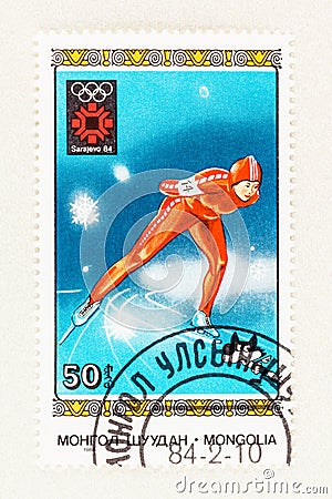 Female Olympic Speedskater on Mongolia Postage Editorial Stock Photo