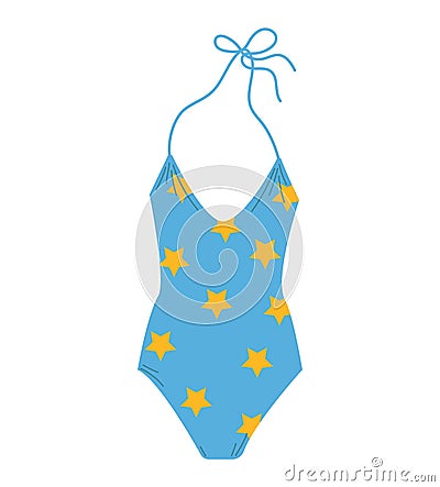 Female one piece swimsuit. Stylish blue swimwear with yellow stars. Vector Illustration