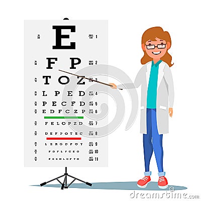 Female Ophthalmology Vector. Medical Eye Diagnostic. Doctor And Eye Test Chart In Clinic. Eyesight Acuity Exam Vector Illustration