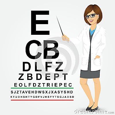 Female optician pointing to chart Vector Illustration