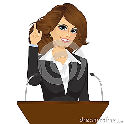 Female orator standing behind a podium with microphones Vector Illustration