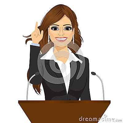 Female orator standing behind a podium with microphones Vector Illustration