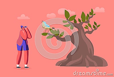 Female Ornithologist with Binoculars Watching Bird on Tree, Birdwatching Hobby, Outdoor Activity, Explore Nature. Vector Illustration