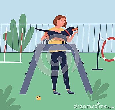 Female owner demonstrate or training her dog at playground. Cynologist teach purebred dachshund in park. Cheerful woman Vector Illustration