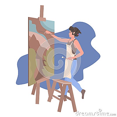 Female painter using paintbrush woman artist standing in front of easel and painting art creativity Vector Illustration