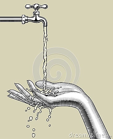 Female palm up under a stream of water running down from a tap Vector Illustration