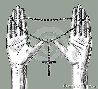 Female palms holding a rosary with a cross Vector Illustration