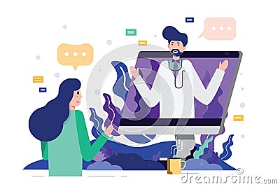 Female patient meeting a professional doctor online on a computer desktop. Vector Illustration