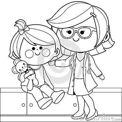Pediatrician examining a little girl. Vector black and white coloring page. Vector Illustration