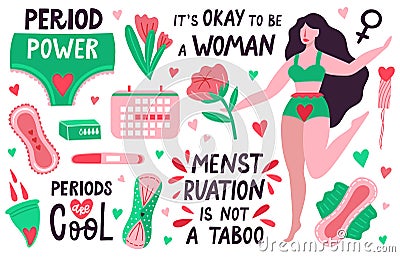 Female periods. Menstruation hygiene tools, period cup, sanitary pad, periods calendar. Female menstrual period Vector Illustration