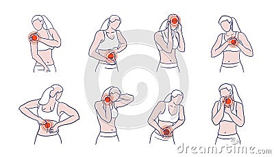 Female touching painful body part area isolated set Cartoon Illustration