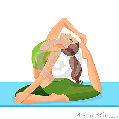 Female person doing yoga calm exercise asana Eka Pada Rajakapotasana Vector Illustration