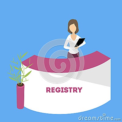 Female person standing at the office, salon or hotel reception Vector Illustration