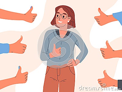 Female person surrounded thumbs up. Social positive approval, public positive acceptance and respect opinion flat vector Vector Illustration