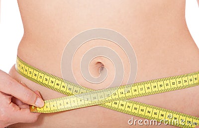Female person using measuring tape on her belly Stock Photo