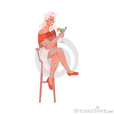 Woman drinking cocktail on barstool Vector Illustration