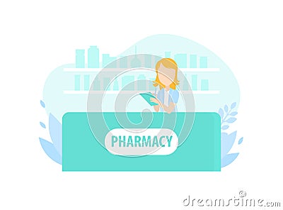 Female Pharmacist Behind Counter in Pharmacy, Doctor Holding Prescription Checking Medicine Vector Illustration Vector Illustration