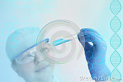 Female pharmacist, scientist holding a glass test tube with medicine, vaccine, modern science innovation concept, medical Stock Photo