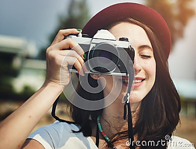 Female Photographer Smiling Vintage Camera Concept Stock Photo