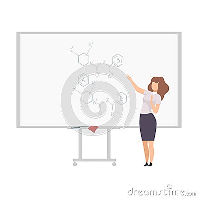Female Physics Teacher Professor Giving Task, Explaining Seminar, Lecture while Standing in Front of Whiteboard Flat Vector Illustration