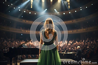 Female pianist in a green dress standing in front of the concert hall, Back view of a girl in a green evening dress set against Stock Photo