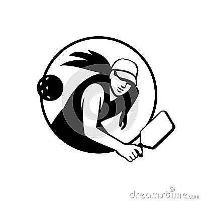 Female Pickleball Player with Paddle Inside Circle Retro Black and White Vector Illustration