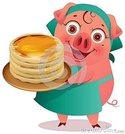 Female Pig cook keep stack of pancakes shrovetide carnival symbol Vector Illustration