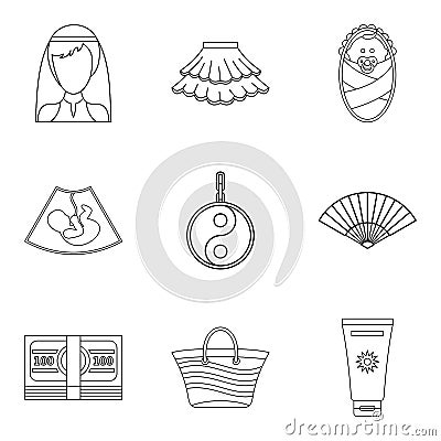 Female pleasure icons set, outline style Vector Illustration