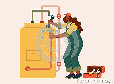 Female plumber repairing water tank Vector Illustration