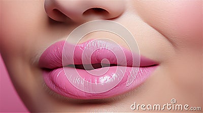 Female plump lips with pink lipstick gloss Stock Photo