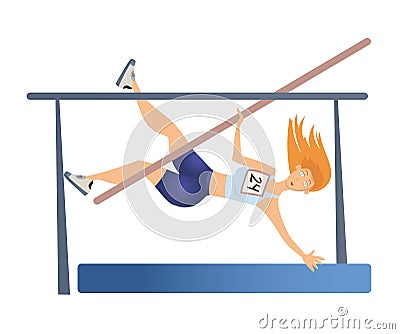 Female Pole vaulting. Woman vaulter, sportswoman. Vector illustration, isolated on white. Vector Illustration