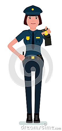 Female police officer shows token. Vector cartoon flat design illustration isolated on white background. Vector Illustration