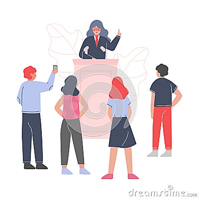 Female Politician Standing Behind Rostrum and Giving Speech, Woman Public Speaker Giving Talk in front of Audience Vector Illustration