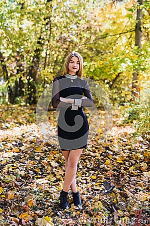 Female porteait in autumn park. Beaurtiful woman in black dress posing with yellow trees Stock Photo