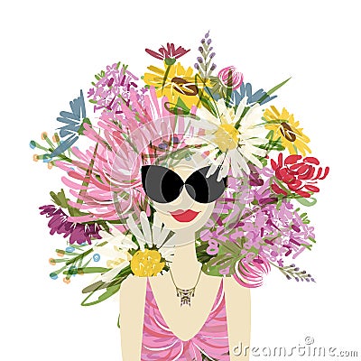 Female portrait with floral hairstyle for your Vector Illustration