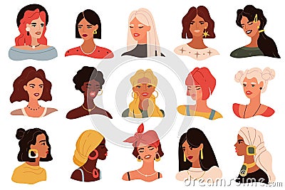 Female portrait. Women trendy images collection, modern multi ethnic girls heads icons, profile and full face with Vector Illustration