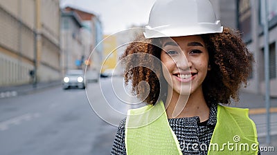 Female portrait worker profession close-up african american woman girl with curly hair civil engineer professional Stock Photo