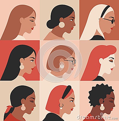 Female portraits of different nationalities, ethnicity. Girls profile faces avatars vector collection. cultural diversity concept Vector Illustration