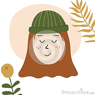 Female portraits shape Abstract woman face. Teenager young women face composition. Cute girl in hat avatar. hippie Vector Illustration