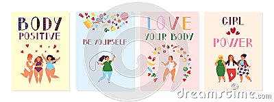 Female positive cards. Positivity posters, women power and body beauty flyers. Happy plus size fitness girls group Stock Photo