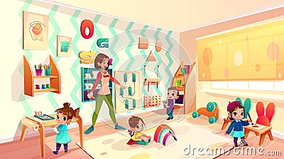 Kids in Montessori school classroom cartoon vector Vector Illustration